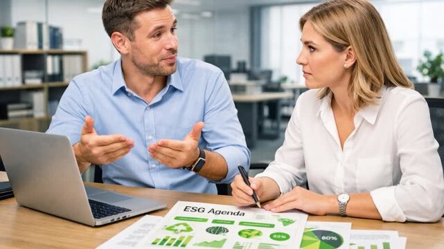 Diverse business team discusses ESG green business strategies for carbon reduction and sustainable corporate growth in a office meeting.

