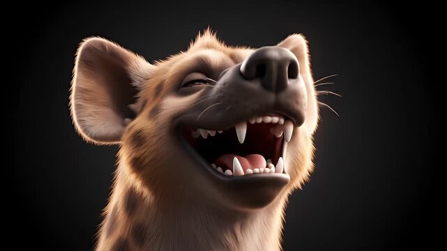 Close-up portrait of a smiling hyena with its eyes closed and mouth open, showcasing its teeth and happy expression