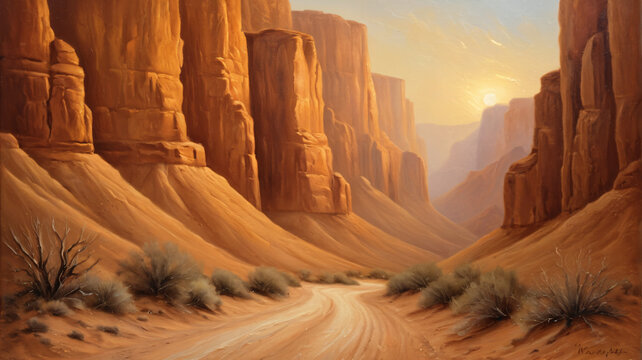 Malerei einer W&uuml;stenlandschaft mit hohen Felsw&auml;nden