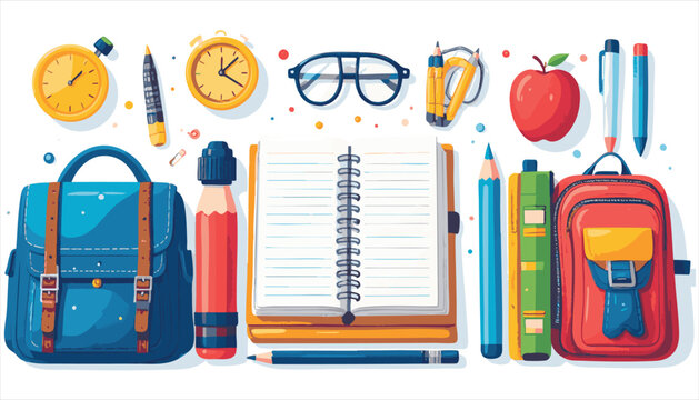 vector Colorful school supplies arranged neatly on white background