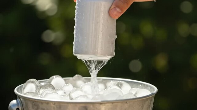 hand picking up beverage can from ice bucket