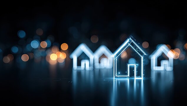 Illuminated house outlines in a row, with bokeh lights; real estate or property concept
