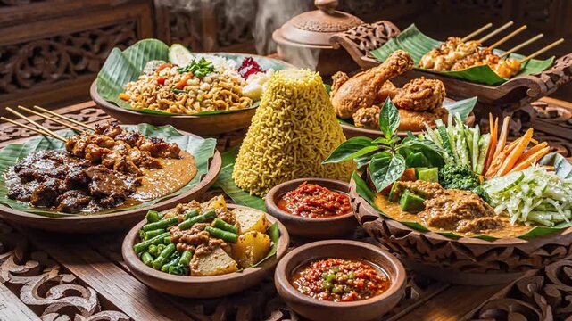 Traditional Indonesian cuisine feast featuring diverse organic vegetables and authentic local culinary dishes arranged on a rustic wooden table for a healthy gourmet dining experience at home