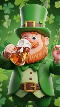 Cartoon leprechaun character in green attire joyfully holds a beer mug while showcasing a clover, celebrating St. Patrick's Day with vibrant background elements and festive details