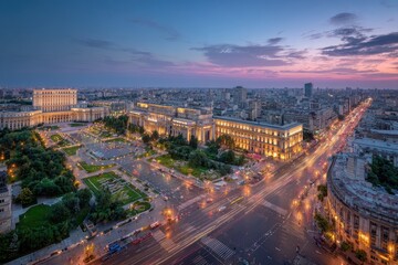 Fototapeta premium Aerial dusk view of a European capital city with illuminated buildings, gardens, and light trails
