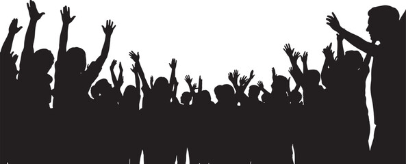 Silhouette of a crowd of people with raised hands in unison