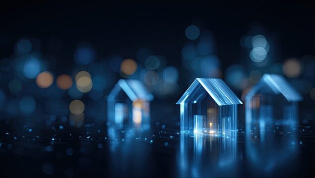 Glowing digital houses in a nighttime urban environment. City lights blurred in the background