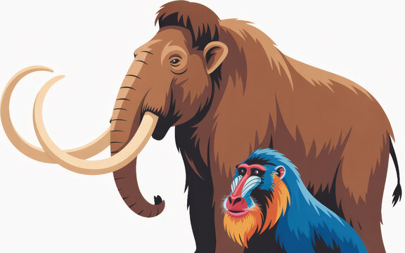 Mammoth and blue and orange monkey standing together isolated on white background