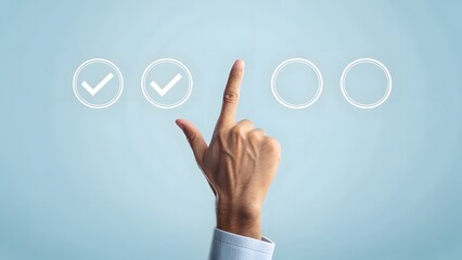 Hand pointing upwards to three checkmarks success concept in soft blue gradient background