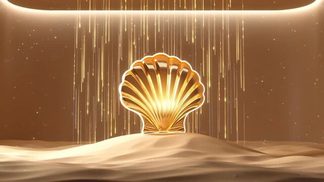 Golden shell illuminated against a serene background with cascading light effects creating a tranquil ambiance