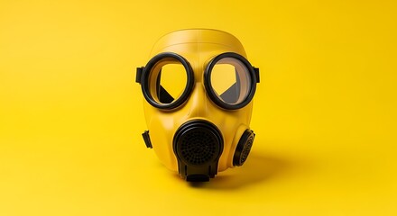 Protective gas mask on yellow background with safety precautions and emergency preparedness measures