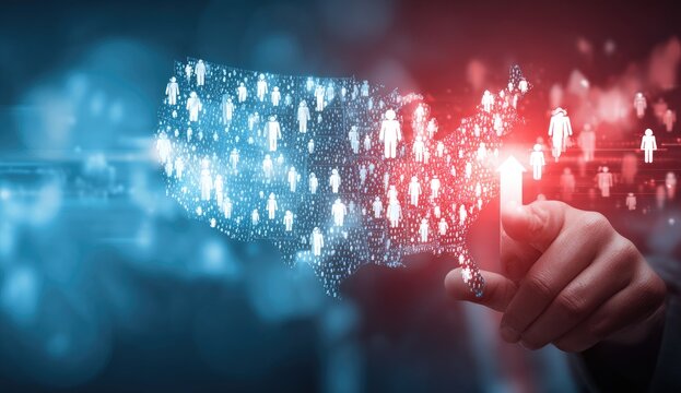 Digital hand pointing at an upward-moving arrow within a glowing U.S. map made of silhouettes