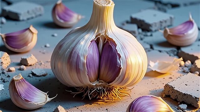 An artistic shot of a halved garlic bulb surrounded by scattered cloves on a textured surface, highlighting natural details and lighting