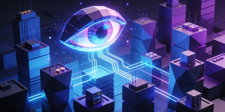 Cyber security oversight concept with glowing digital eye above server city blocks, audit monitoring data network integrity background in neon blue and purple for business technology