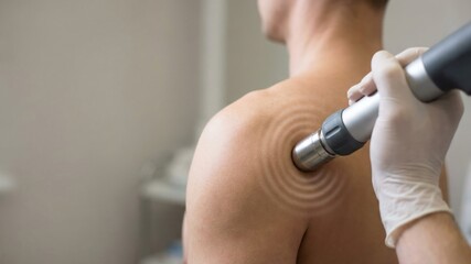 Fototapeta premium Shockwave Therapy Device for Muscle Tension Relief on Shoulder