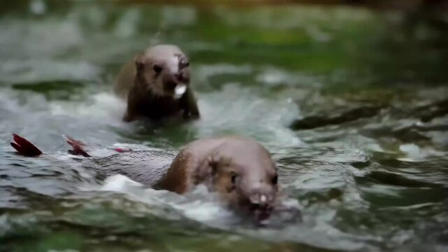 Playful Otters in Stream: Two adorable otters frolic in a flowing stream, their sleek bodies gliding through the water as they play. A display of joyous aquatic interaction in their natural habitat.