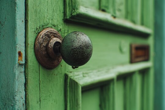 Close-up of a weathered, green wooden door with a rusty knob and a small mail slot