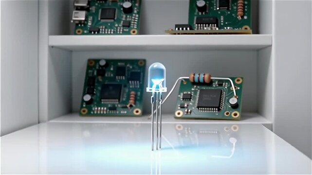 Illuminated blue LED light source hovering above a reflective white surface, with electronic circuit boards in blurred background