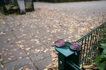 Round red sunglasses resting on a garden fence in autumn. Everyday outdoor scene showing a personal accessory, representing style, seasonal life, and casual leisure.