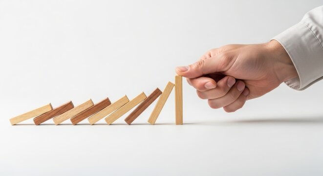 A hand preventing a row of wooden dominoes from toppling over