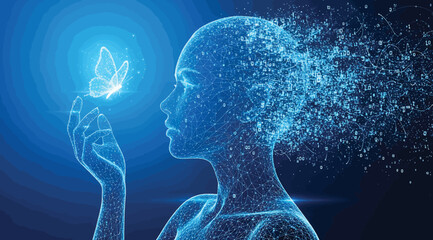 A blue silhouette of a woman with a glowing butterfly © S.Siam