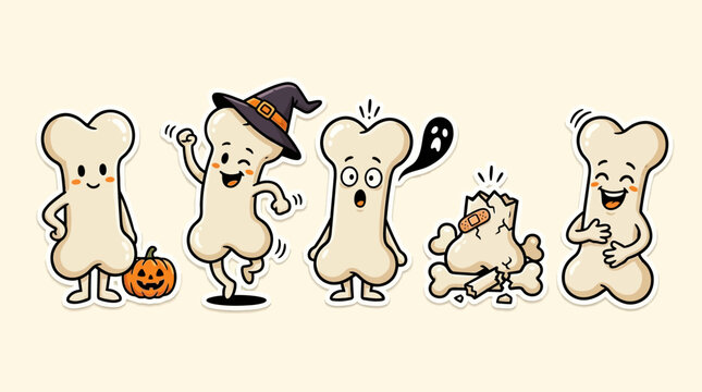 Cartoon Bone Character Sticker Pack: Halloween Witch, Dancing, Broken Leg Injury, Ghost. Funny Human Skeleton Anatomy Mascot Clipart