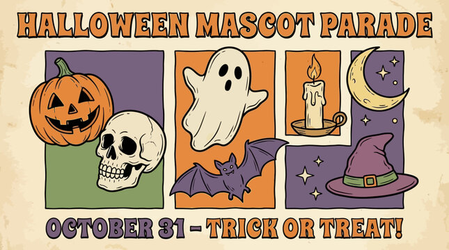 Vintage Halloween Event Poster: Retro Mascot Parade Banner with Jack-o'-Lantern, Ghost, Bat, and Witch Hat. Trick or Treat, October 31 Flyer.
