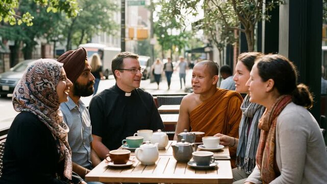 Diverse interfaith group of friends laughing at outdoor cafe. Multi-ethnic religious leaders including monk priest and muslim woman talking together. Unity and inclusion concept