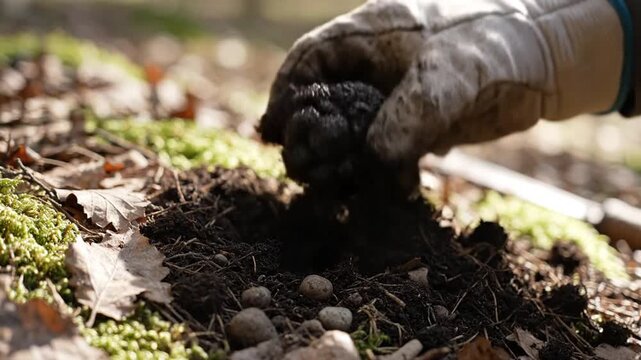 Freshly harvested organic black truffle fungus resting on dark forest soil surface close up view of rare luxury edible mushroom tuber found in natural woodland earth environment