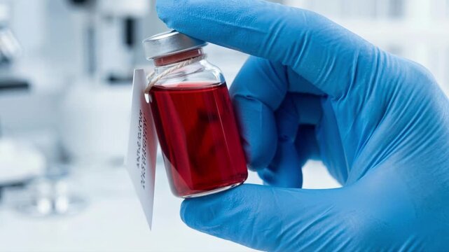 Doctor hand in blue medical glove holding glass vial with blood and Anemia tag. Laboratory close-up of hematology test sample for disease diagnosis. Healthcare and medicine concept