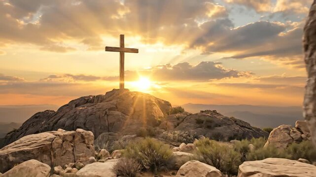 Cross on rocky hilltop illuminated by sunrise, surrounded by rugged terrain and sparse vegetation, showcasing the gradual emergence of light and shadow across the landscape