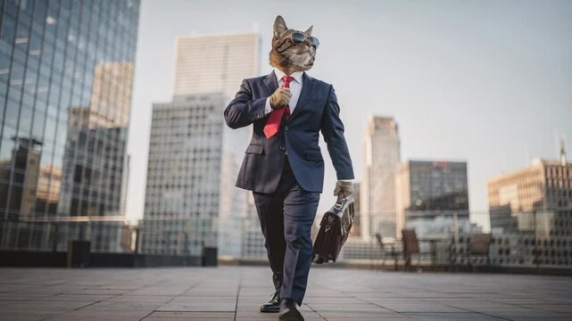 Surreal businessman with realistic cat head walking on city rooftop holding briefcase. Funny corporate executive in suit confidently moving through urban skyline. Weird fantasy concept