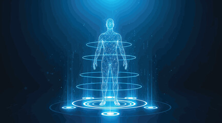 A digital human figure with glowing blue lines and circles around it