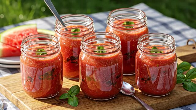 Sunlit picnic display with refreshing summer gazpacho in glass jars outdoors