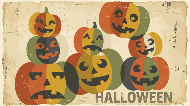 Retro Halloween Jack-O'-Lantern Pumpkins Stacked on Distressed Vintage Grunge Background. Spooky Holiday Poster Art.