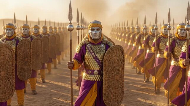 Epic army of masked ancient warriors standing in desert formation with spears and wicker shields. Cinematic fantasy soldiers in gold and purple armor ready for battle. Historical military concept