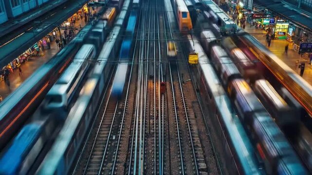 Urban Transit Rhapsody: An eye-level perspective reveals a bustling train station, a symphony of movement as trains glide along parallel tracks, conveying the pulse of urban life.