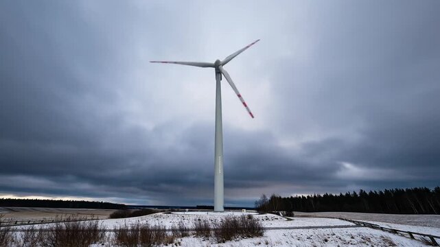 A large wind turbine spins against a dramatic cloudy sky, surrounded by snow-covered fields and dark green forests