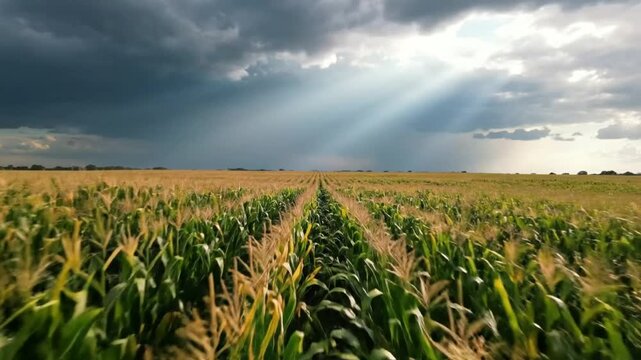 Epic cornfield scene with dramatic cloudy sky and sun rays illuminating a tranquil agricultural landscape