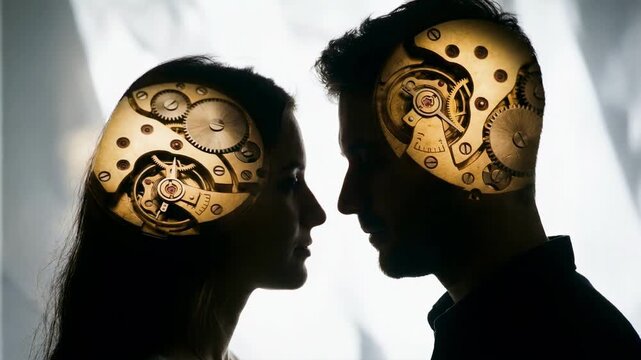 Silhouette profile of man and woman with golden clockwork gears rotating inside heads. Conceptual visualization of human mind psychology and mental connection and synergy concept
