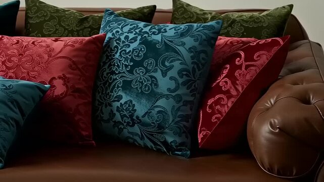 Colorful Velvet Pillows on Sofa Cushions.