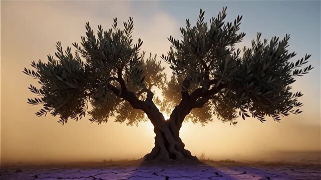 Majestic ancient olive tree silhouetted against a vibrant sunset with soft mist enveloping its branches, creating a serene atmosphere