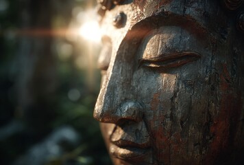 Peaceful Contemplation: Sunlit Buddha Statue Amidst Enchanting Forest Backdrop