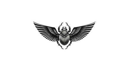 Obraz premium A symmetrical black and white illustration of a winged scarab beetle on a white background