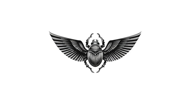 A symmetrical black and white illustration of a winged scarab beetle on a white background