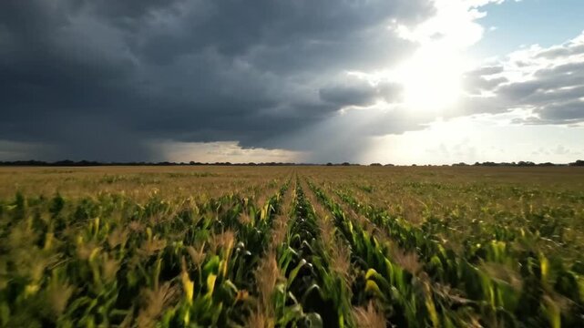 Dramatic sky looming over a vibrant cornfield with rows and sunlight creating a picturesque landscape scene