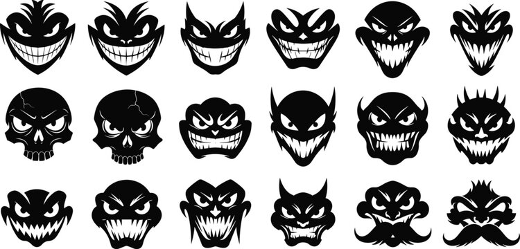 Sinister face silhouettes, villain expressions, horror monster vector, skull demon design, dark fantasy art, mischievous character illustration - flat vector illustration