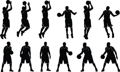 Basketball player silhouettes, dynamic sports poses, dribbling shooting dunk vector, athletic motion design, sports lifestyle illustration, game action art - flat vector illustration © MD AMINUR