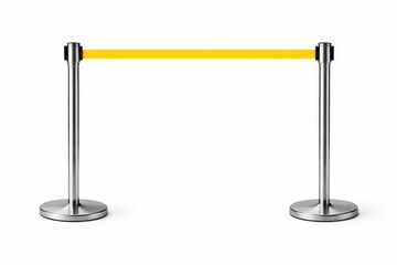 Yellow caution tape between stainless crowd control posts restricted area with copy space high key studio isolated on white