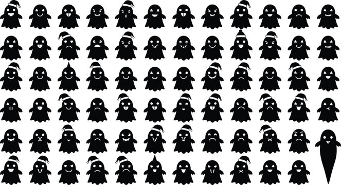 Cartoon ghost silhouettes, Halloween character vector, spooky face design, festive monster art, holiday illustration, funny scary expression - flat vector illustration